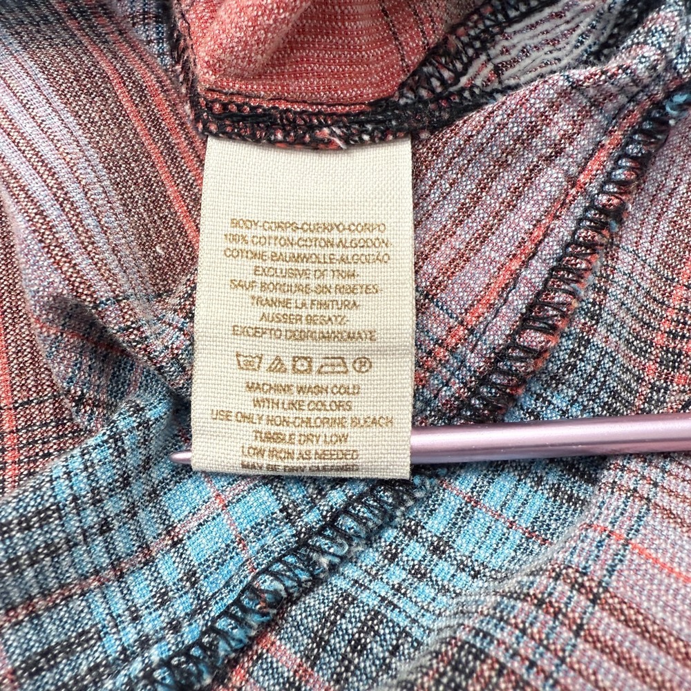 We the Free Plaid Ribbed Button Up Shirt Womens M Pink Blue Raw Hem Ruffle Back - Picture 9 of 10
